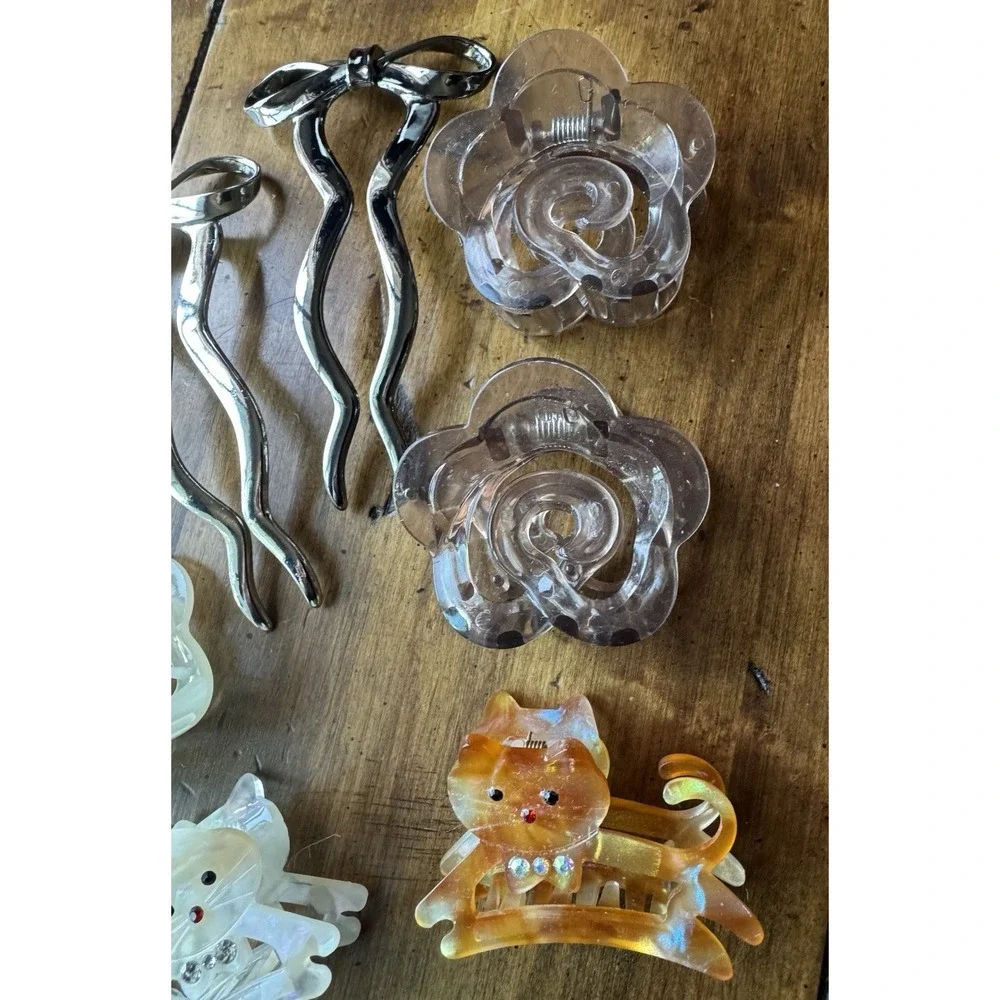 12pc Hair Clip Bundle Rose Enamel Claw Clip Cat Bow Stick Pin Coquette Kawaii
